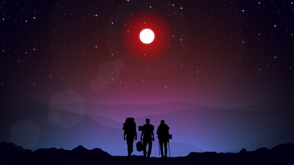 Travelers climb with backpack and travel walking sticks, silhouette of a person in the mountains, a Man hiking in the mountains with backpack, person with backpack for hiking silhouette vector