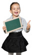 Cute school girl holding a blank black board,