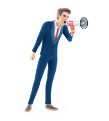 Wall Mural - 3d cartoon businessman shouting through megaphone