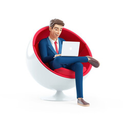 3d cartoon businessman sitting in spherical chair with laptop