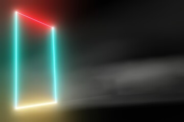 Abstract glowing neon light door fantastic dark studio room with smoke background 3D Rendering