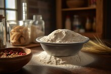 flour being sifted into a bowl with other baking ingredients in the background