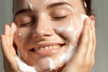 Closeup portrait of young woman cleanses the skin with foam on her face in bathroom