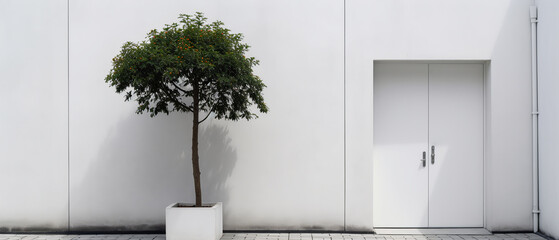 Mockup with white facade of a modern house with front door, potted flowers.entrance home exterior. patio, backyard in a modern house. doorway. Minimalism. Generative ai