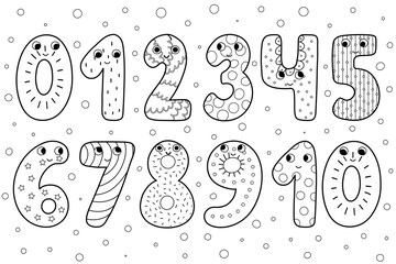 cute black and white numbers for kids. outline collection of happy numbers in cartoon style. educati