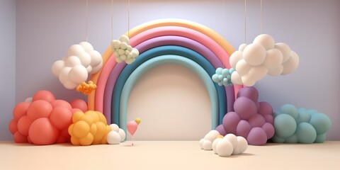 Wall Mural - Generative AI, rainbow and colorful balloons. Birthday party 3d background. Mockup, template for greetiing card