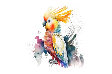 Poster - cockatoo parrot painted with multicolored watercolors isolated on a white background. Generated by AI