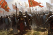 An army of brave knights marching victoriously along a scorched battlefield blades Fantasy art concept. AI generation