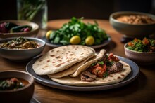 Pita Bread On A Rustic Table Setting With Various Mediterranean Dishes