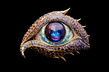 Wall Mural - A vibrant amulet of purple and blue shaped like a dragon eye with a rainbow of crystals Fantasy art concept. AI generation