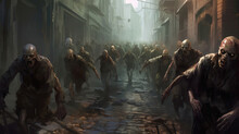 A Horde Of Zombies Trudge Through A Fogfilled Alleyway Their Decaying Bodies Filled Fantasy Art Concept. AI Generation