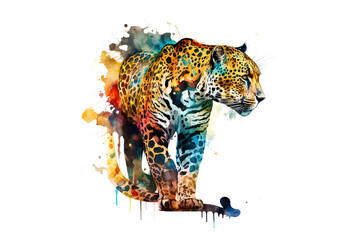 Poster - leopard is drawn with multi-colored watercolors isolated on a white background. Generated by AI