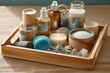 © Valeriia - Health and massage, skincare, spa or relaxation concept. Candle, spa and relax with aromatherapy treatment in a tray in a room for luxury or wellness on wooden tray. Generative AI Technology