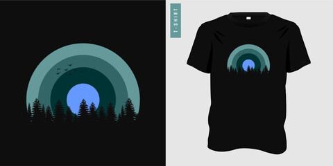 Summer t-shirt design graphic with night sky and forest silhouette. Summer time themed clothing template vector illustration, tee, t-shirt print.