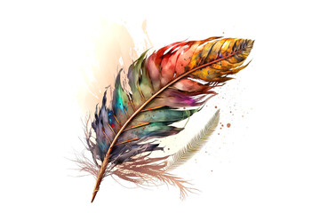 Canvas Print - bird feather drawn with multicolored watercolors isolated on white background. Generated by AI