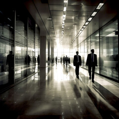 Wall Mural - Business people walking in big glass lobby with beautiful morning sun lights reflection. AI generative business concept illustration