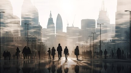 Wall Mural - Lots of business people walking in big glass lobby with beautiful morning sun lights reflection. AI generative business concept illustration