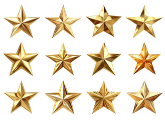 set of 12 golden stars isolated on transparent background, generative ai