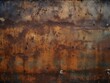 Apokalyptische Ästhetik: Rostige, verwitterte Metallwand in Farbe, dargestellt in dunklem Bronze und Orange, unterstrichen von postapokalyptischen Kulissen und nebliger Atmosphäre, Generative AI