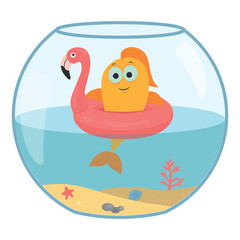 Wall Mural - Cartoon vector gold fish illustration isolated on white background. Small yellow funny cute pet. Summer rest. Pink flamingo swimming circle. Coral reef beach. Underwater life. Glass aquarium. Animal