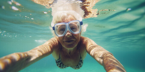 Senior elderly woman swimming in the ocean on snorkel holiday vacation, Close up portrait, Generative AI