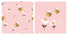 Seamless Pattern With Daisy Flower And Bee Cartoon On Pink Background. Bee Cartoons And Daisy Icon Sign Vector Illustration.