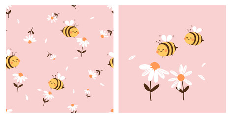 Seamless pattern with daisy flower and bee cartoon on pink background. Bee cartoons and daisy icon sign vector illustration.