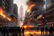 Riots in the city. Protest actions. Arson and fires. Destruction. Anarchy. Riots in the city. Protest actions. Arson and fires. Destruction. Anarchy. Police and firemen. generative AI. generative AI