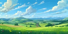Summer Fields, Hills Landscape, Green Grass, Blue Sky With Clouds, Flat Style Cartoon Painting Illustration. Generative AI.