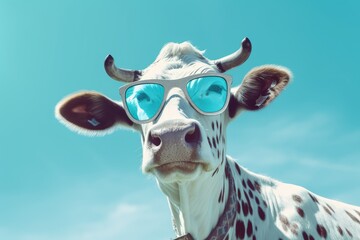 Poster - Cute cow wearing sunglasses on the blue background