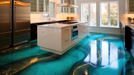 Modern kitchen with floor coverings interior epoxy resin and marble. Generative AI