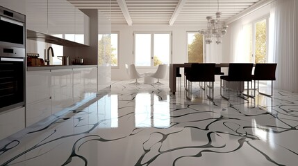 Canvas Print - Modern kitchen with floor coverings interior epoxy resin and marble. Generative AI