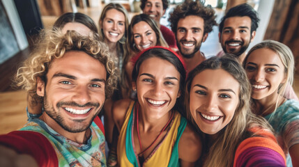 Sticker - Group of happy people taking a selfie together in a yoga studio. Generative AI