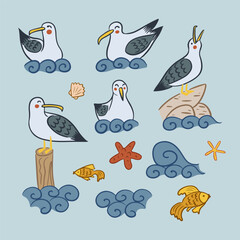 Flat cartoon set with seagull character on the sea with fish and shells. Childish outline isolated elements. Ideal for decoration, greeting cards, postcards, stickers