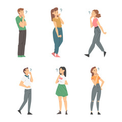 Sticker - Thoughtful People Characters with Question Mark Thinking Over the Matter Vector Set