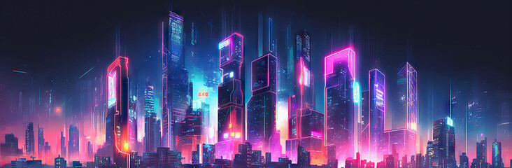 Cyberpunk cityscape. Futuristic night in digital town. Neon lights. Sci Fi city background. Generative AI illustrations