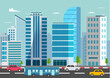 Cityscape with cars on road.Buildings in town with bus on street vector illustration.Urban landscape with office