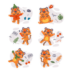 Sticker - Funny Tiger Cub with Orange Fur and Stripes Vector Illustration Set