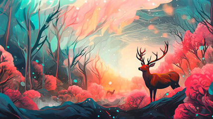 abstract nature background illustration art with red trees forest and deer