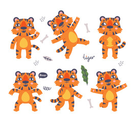 Sticker - Funny Tiger Cub with Orange Fur and Stripes Vector Illustration Set