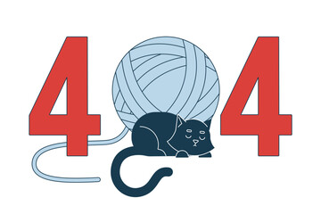 Poster - Black cat sleeping with yarn ball error 404 flash message. Resting cute pet. Wool ball. Empty state ui design. Page not found popup cartoon image. Vector flat illustration concept on white background