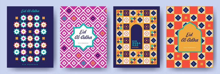 Wall Mural - Eid Al Adha festival and Eid Mubarak poster, holiday cover set. Islamic greeting card, banner template. Modern beautiful design with geometric style pattern in turquoise, blue, yellow, pink, red color