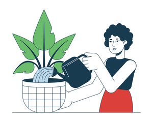 Poster - Indoor gardening flat line vector spot illustration. Curly hair woman watering houseplant with can 2D cartoon outline character on white for web UI design. Editable isolated colorful hero image