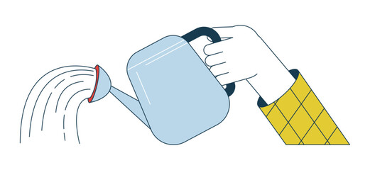 Poster - Hand holding watering can flat line vector spot illustration. Plant waterer 2D cartoon outline first view hand on white for web UI design. Pouring water equipment editable isolated colorful hero image
