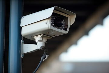 Security Camera on modern building. Professional surveillance cameras, CCTV on the wall in the city, Security system, Video equipment for safety system area control outdoor, created with Generative AI