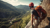 Fototapeta  - Picture of tourist man in helmet, Back View, climbing up mountain