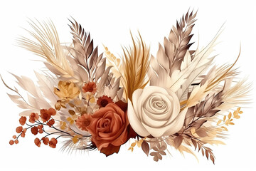 Watercolor boho floral border, Pampas grass, Vintage brown floral composition, created with Generative AI