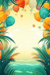 Tropical background with balloons, colorful beach party flyer or poster template. Generative AI