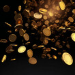 3d golden casino tokens on black isolated background fallin'. Concept of jackpot. Created with generative AI technology.