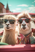 Funny Illustration Of Two Lamas Wearing Sunglasses In Front Of A Vintage Car